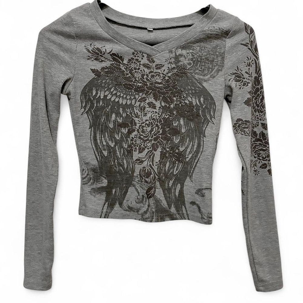 Gray Floral Long Sleeve Top